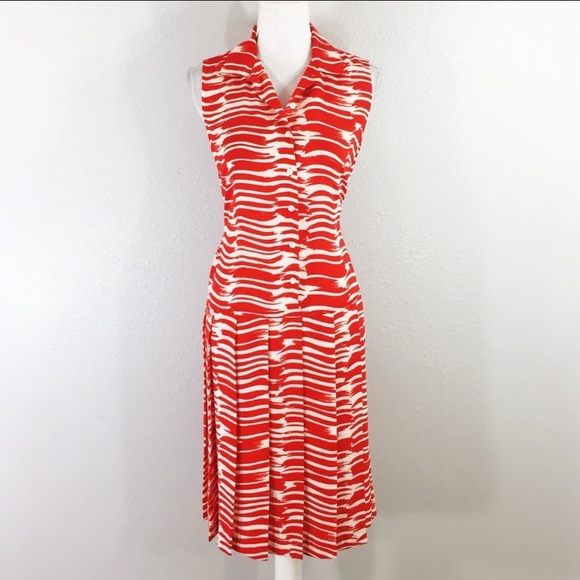 CAbi orange-red & white print pleated shirt dress - Picture 2 of 8